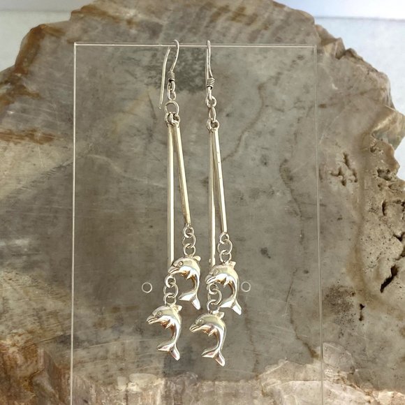 Sterling Silver 925 2.5" Long Bar Dainty Jumping Dolphin Dangle Earrings - Picture 12 of 16